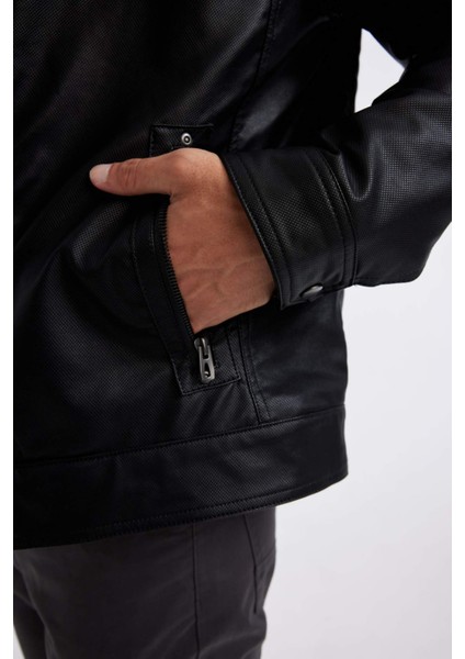 Su İtici Slim Fit Dar Kesim Kapüşonlu Pelüş Astar Fermuarlı Cepli Suni Deri Mont N9693AZ24WN