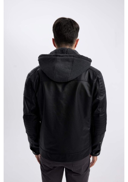 Su İtici Slim Fit Dar Kesim Kapüşonlu Pelüş Astar Fermuarlı Cepli Suni Deri Mont N9693AZ24WN