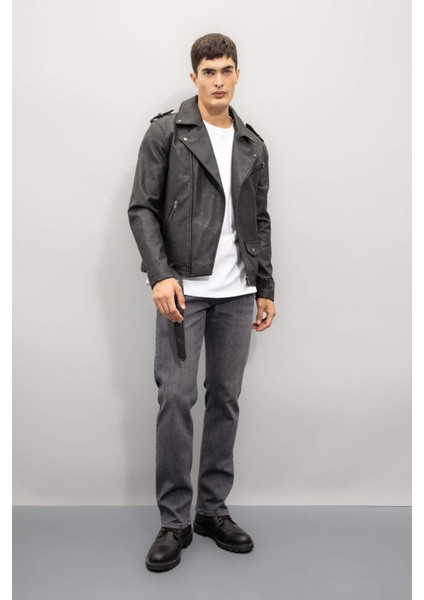 Su İtici Regular Fit Fermuarlı Cepli Suni Deri Ceket Mont C4862AX24WN