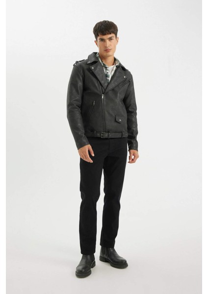 Su İtici Regular Fit Fermuarlı Cepli Suni Deri Ceket Mont C4862AX24WN