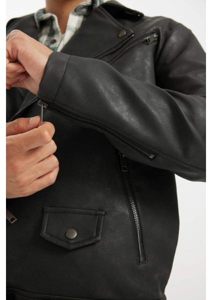 Su İtici Regular Fit Fermuarlı Cepli Suni Deri Ceket Mont C4862AX24WN