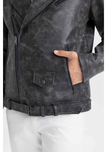 Su İtici Regular Fit Fermuarlı Cepli Suni Deri Ceket Mont C4862AX24WN