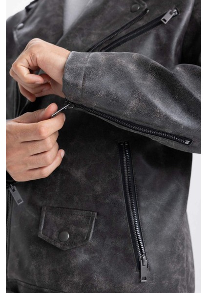 Su İtici Regular Fit Fermuarlı Cepli Suni Deri Ceket Mont C4862AX24WN