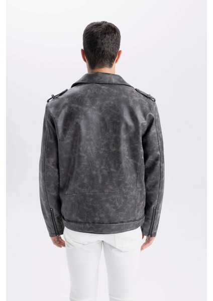 Su İtici Regular Fit Fermuarlı Cepli Suni Deri Ceket Mont C4862AX24WN