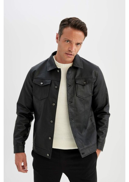 Su İtici Slim Fit Dar Kesim Gömlek Yaka Düğmeli Cepli Mevsimlik Hafif İnce Suni Deri Ceket Mont C4861AX24WN