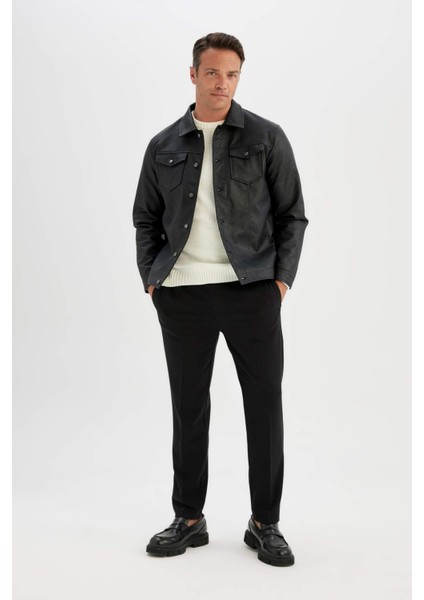 Su İtici Slim Fit Dar Kesim Gömlek Yaka Düğmeli Cepli Mevsimlik Hafif İnce Suni Deri Ceket Mont C4861AX24WN