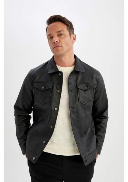Su İtici Slim Fit Dar Kesim Gömlek Yaka Düğmeli Cepli Mevsimlik Hafif İnce Suni Deri Ceket Mont C4861AX24WN