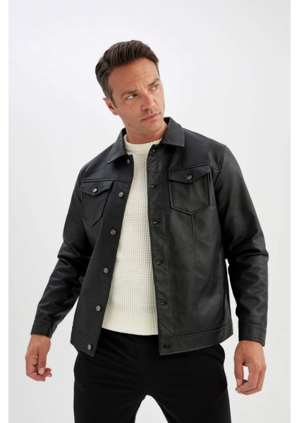 Su İtici Slim Fit Dar Kesim Gömlek Yaka Düğmeli Cepli Mevsimlik Hafif İnce Suni Deri Ceket Mont C4861AX24WN