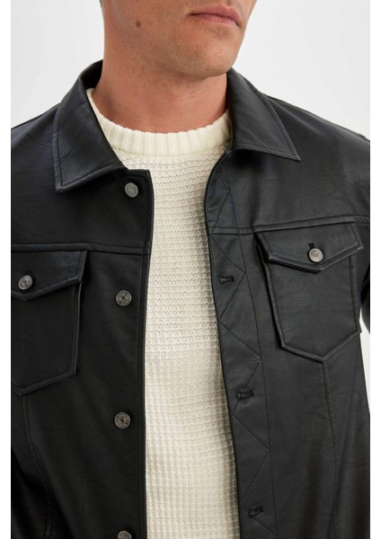 Su İtici Slim Fit Dar Kesim Gömlek Yaka Düğmeli Cepli Mevsimlik Hafif İnce Suni Deri Ceket Mont C4861AX24WN