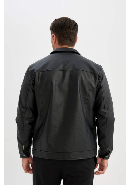 Su İtici Slim Fit Dar Kesim Gömlek Yaka Düğmeli Cepli Mevsimlik Hafif İnce Suni Deri Ceket Mont C4861AX24WN
