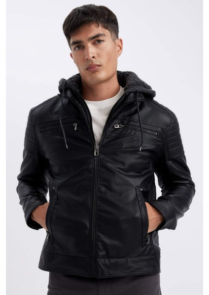 Su İtici Slim Fit Dar Kesim Kapüşonlu Pelüş Astar Fermuarlı Cepli Suni Deri Mont N9693AZ24WN