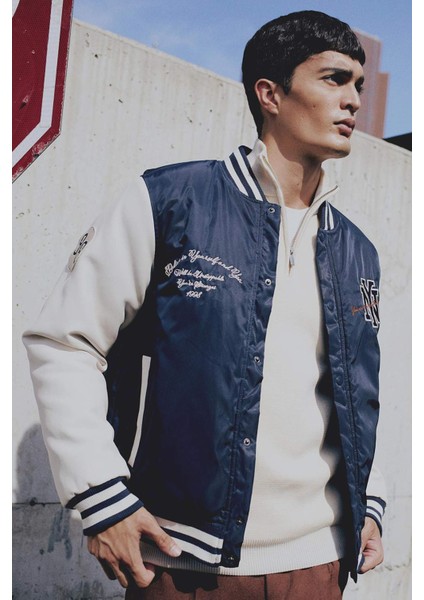 Su Geçirmez Bomber Mont Ceket Oversize Geniş Kalıp Kolej Yaka Çıtçıtlı Cepli Nakışlı Mevsimlik Hafif C5054AX24WN