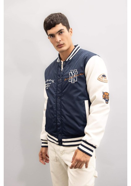 Su Geçirmez Bomber Mont Ceket Oversize Geniş Kalıp Kolej Yaka Çıtçıtlı Cepli Nakışlı Mevsimlik Hafif C5054AX24WN