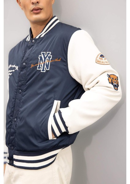 Su Geçirmez Bomber Mont Ceket Oversize Geniş Kalıp Kolej Yaka Çıtçıtlı Cepli Nakışlı Mevsimlik Hafif C5054AX24WN