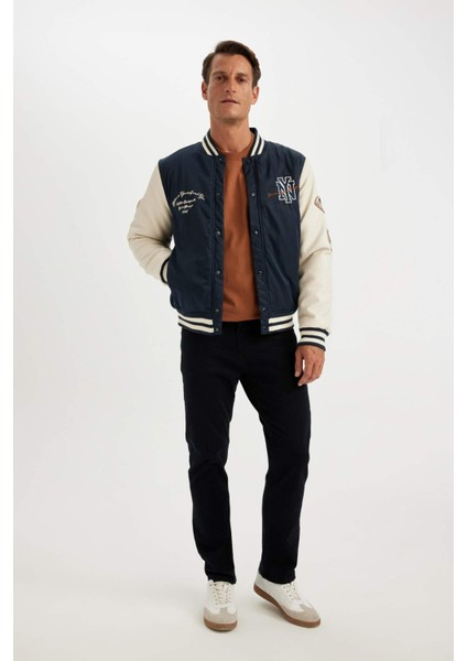 Su Geçirmez Bomber Mont Ceket Oversize Geniş Kalıp Kolej Yaka Çıtçıtlı Cepli Nakışlı Mevsimlik Hafif C5054AX24WN