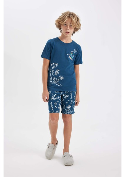 Erkek Çocuk Pijama Takımı Bisiklet Yaka Baskılı Kısa Kollu Şort