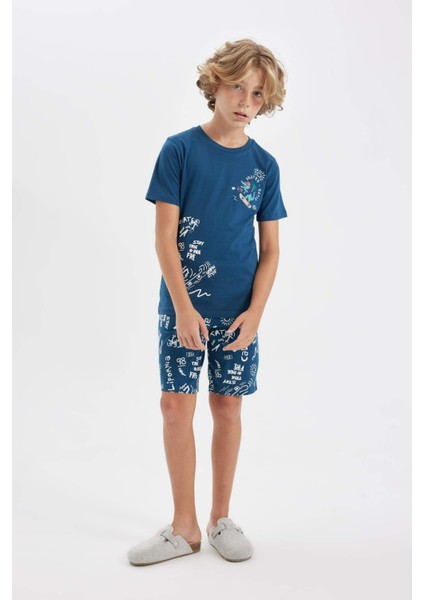 Erkek Çocuk Pijama Takımı Bisiklet Yaka Baskılı Kısa Kollu Şort