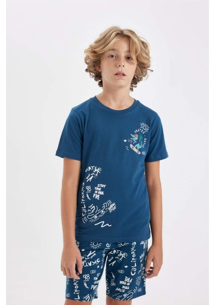 Erkek Çocuk Pijama Takımı Bisiklet Yaka Baskılı Kısa Kollu Şort