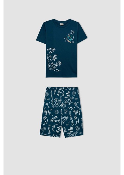 Erkek Çocuk Pijama Takımı Bisiklet Yaka Baskılı Kısa Kollu Şort