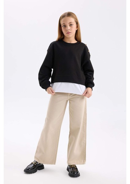 Kız Çocuk Wide Leg Geniş Bol Paça Pamuklu Cepli Bej Pantolon C8777A824AU