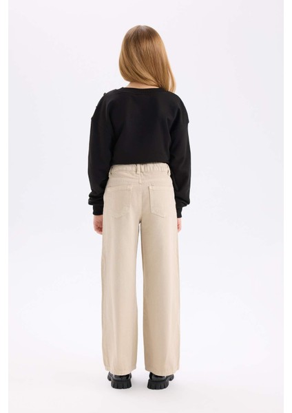 Kız Çocuk Wide Leg Geniş Bol Paça Pamuklu Cepli Bej Pantolon C8777A824AU