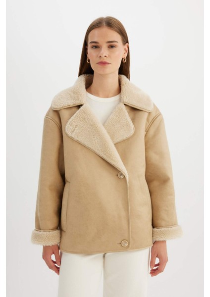 Relax Fit Süet Mont Kruvaze Yaka Düğmeli Mevsimlik Pelüş Astarlı C6655AX24WN