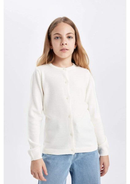 Kız Çocuk Ekru Bisiklet Yaka Düğmeli Basic Düz Triko Okul Hırkası N8407A624AU