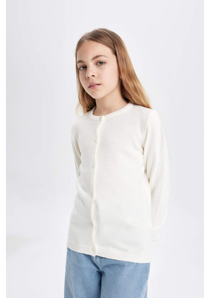 Kız Çocuk Ekru Bisiklet Yaka Düğmeli Basic Düz Triko Okul Hırkası N8407A624AU