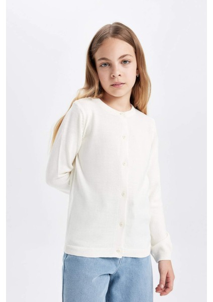 Kız Çocuk Ekru Bisiklet Yaka Düğmeli Basic Düz Triko Okul Hırkası N8407A624AU