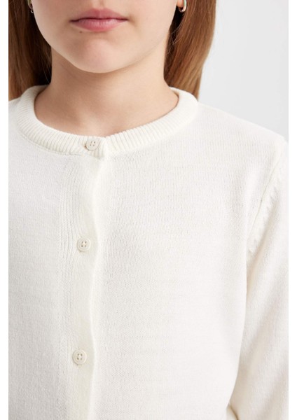 Kız Çocuk Ekru Bisiklet Yaka Düğmeli Basic Düz Triko Okul Hırkası N8407A624AU