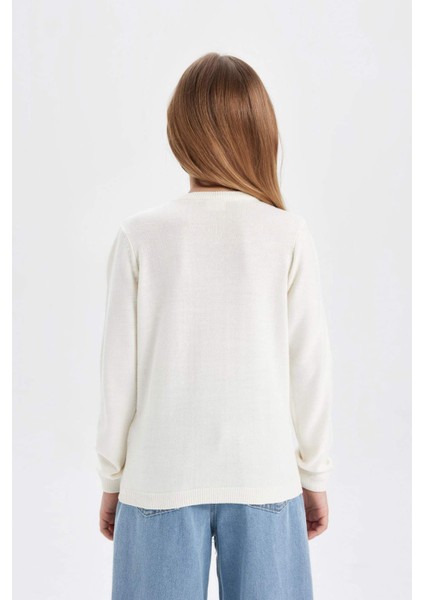 Kız Çocuk Ekru Bisiklet Yaka Düğmeli Basic Düz Triko Okul Hırkası N8407A624AU