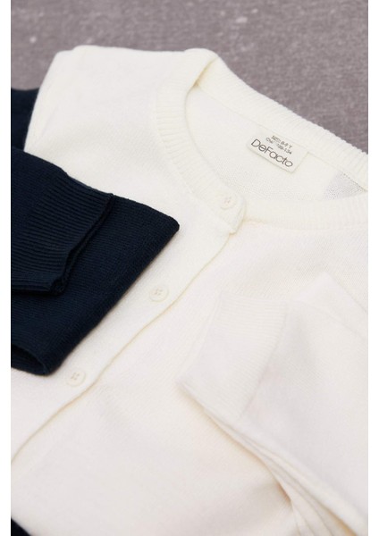 Kız Çocuk Ekru Bisiklet Yaka Düğmeli Basic Düz Triko Okul Hırkası N8407A624AU