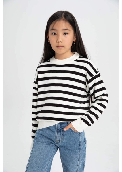 Kız Çocuk Çizgili Standart Fit Bisiklet Yaka Triko Kazak C6903A824AU