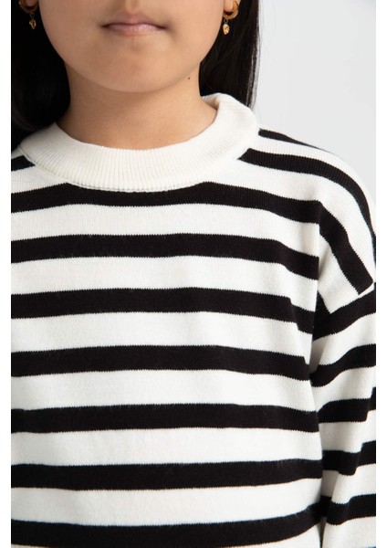 Kız Çocuk Çizgili Standart Fit Bisiklet Yaka Triko Kazak C6903A824AU