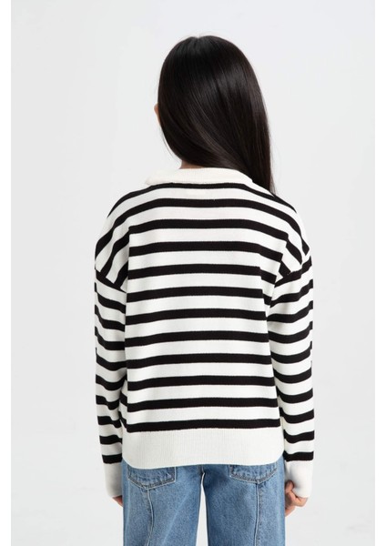 Kız Çocuk Çizgili Standart Fit Bisiklet Yaka Triko Kazak C6903A824AU