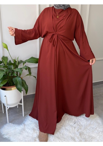 Medine Ipeği Bel Bağlamalı Tesettür Model Büyük Beden Uyumlu Abaya Kollu Fadime Model Elbise