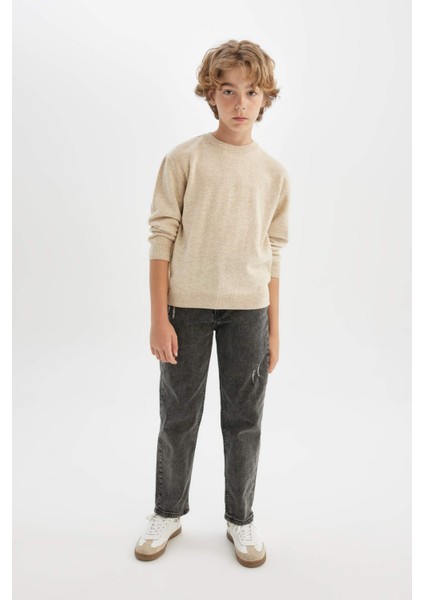 Erkek Çocuk Ekru Bisiklet Yaka Basic Düz Triko Kazak A4992A824WN