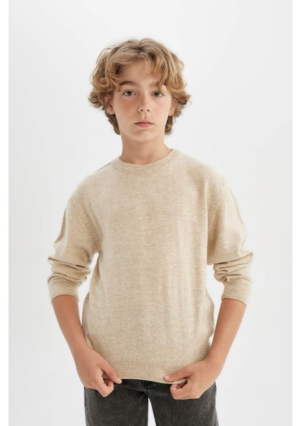 Erkek Çocuk Ekru Bisiklet Yaka Basic Düz Triko Kazak A4992A824WN