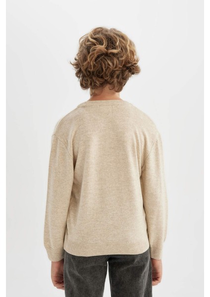 Erkek Çocuk Ekru Bisiklet Yaka Basic Düz Triko Kazak A4992A824WN