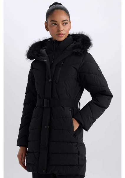 Fit Uzun Mont Parka Su İtici Rüzgar Geçirmez Parmak Geçmeli Kapüşonlu Fermuarlı C8505AX24WN