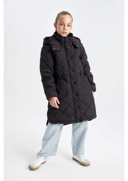 Kız Çocuk Su Geçirmez Kapüşonlu Fermuarlı Çıtçıtlı Cepli Uzun Mont Parka