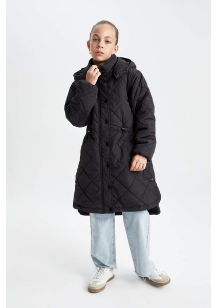 Kız Çocuk Su Geçirmez Kapüşonlu Fermuarlı Çıtçıtlı Cepli Uzun Mont Parka