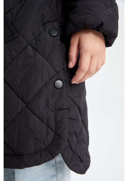 Kız Çocuk Su Geçirmez Kapüşonlu Fermuarlı Çıtçıtlı Cepli Uzun Mont Parka