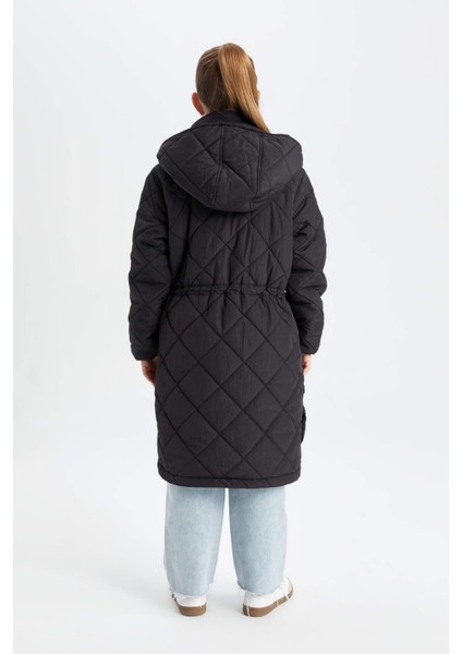 Kız Çocuk Su Geçirmez Kapüşonlu Fermuarlı Çıtçıtlı Cepli Uzun Mont Parka