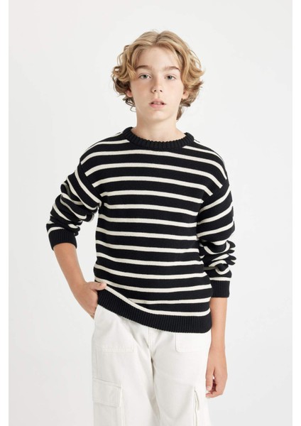 Erkek Çocuk Bisiklet Yaka Çizgili Pamuklu Triko Kazak C2297A824WN