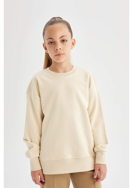 Kız Çocuk Relax Fit Bisiklet Yaka Pamuklu Basic Düz Okul Sweatshirt A2797A824AU
