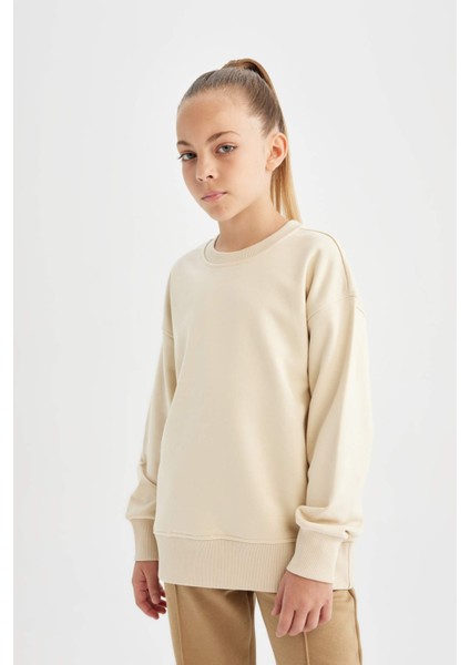 Kız Çocuk Relax Fit Bisiklet Yaka Pamuklu Basic Düz Okul Sweatshirt A2797A824AU