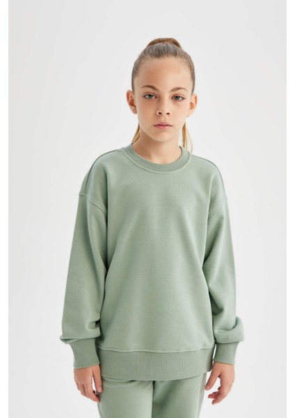 Kız Çocuk Relax Fit Bisiklet Yaka Pamuklu Basic Düz Okul Sweatshirt A2797A824AU
