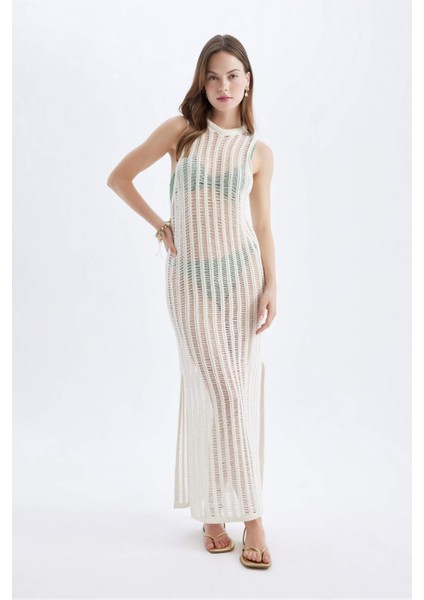 Regular Fit Bisiklet Yaka Kroşe Kolsuz Maxi Triko Plaj Elbise A7830AX24SM