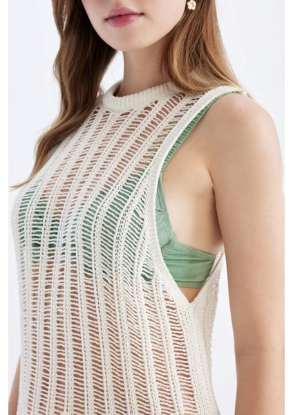 Regular Fit Bisiklet Yaka Kroşe Kolsuz Maxi Triko Plaj Elbise A7830AX24SM